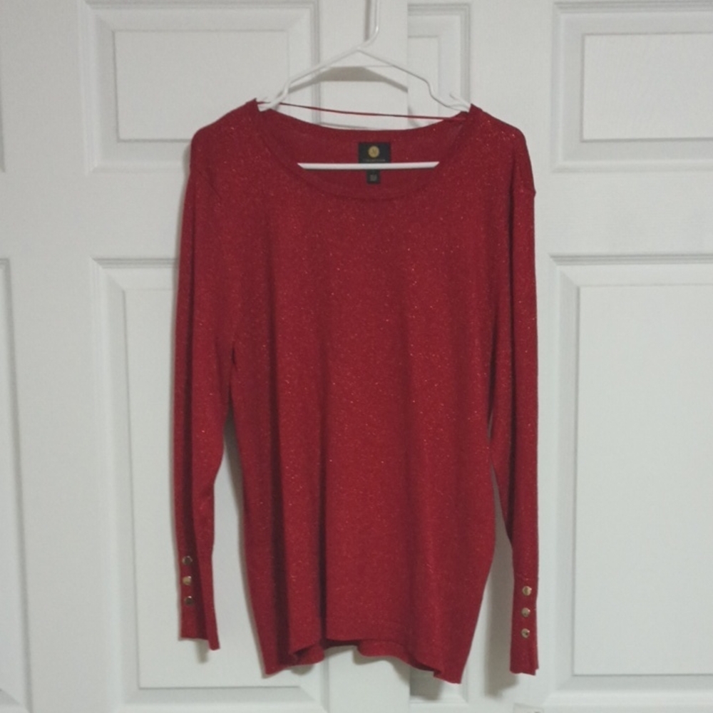 #754 NWT JM Collect Red Lurex Long Sleeve Sweater w/Gold Button Accents.Size:L